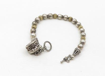 925 Sterling Silver  Vintage Two Tone Locket Beaded Chain Bracelet  BT8532