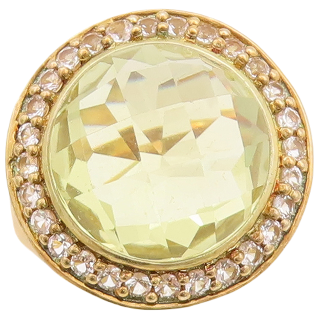925 Sterling Silver Vintage Ring Gold Plated Lime Quartz Halo Topaz Sz 7 RG29879
