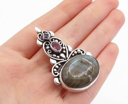 925 Sterling Silver  Vintage Labradorite Amethyst & Tanzanite Pendant  PT3964