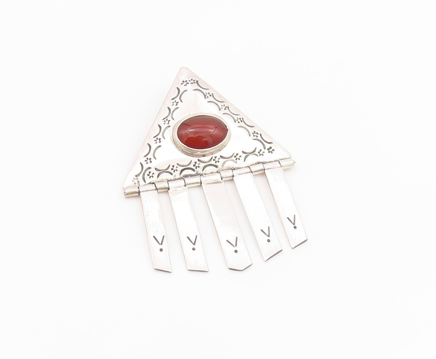 925 Sterling Silver Vintage Brooch Cabochon Carnelian Etched Triangle  BP11679