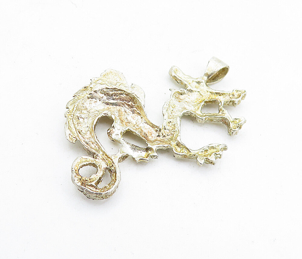 925 Sterling Silver  Vintage Shiny Etched Dragon Motif Drop Pendant  PT3913