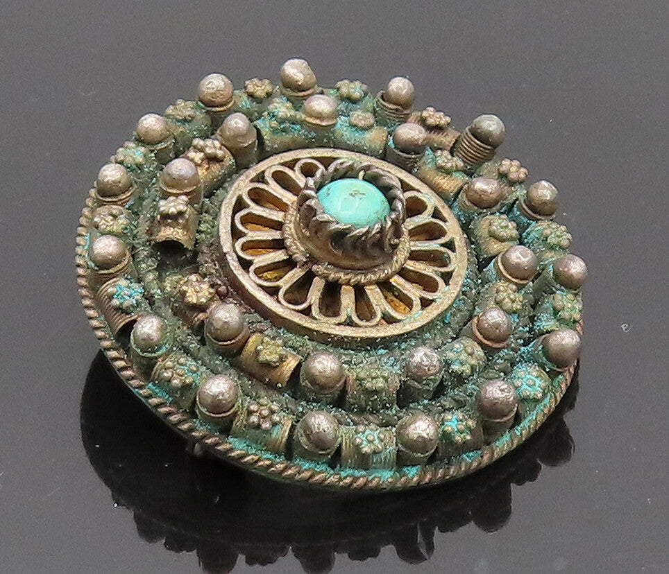 ISRAEL 925 Sterling Silver Vintage Antique Beaded Turquoise Brooch Pin  BP10371