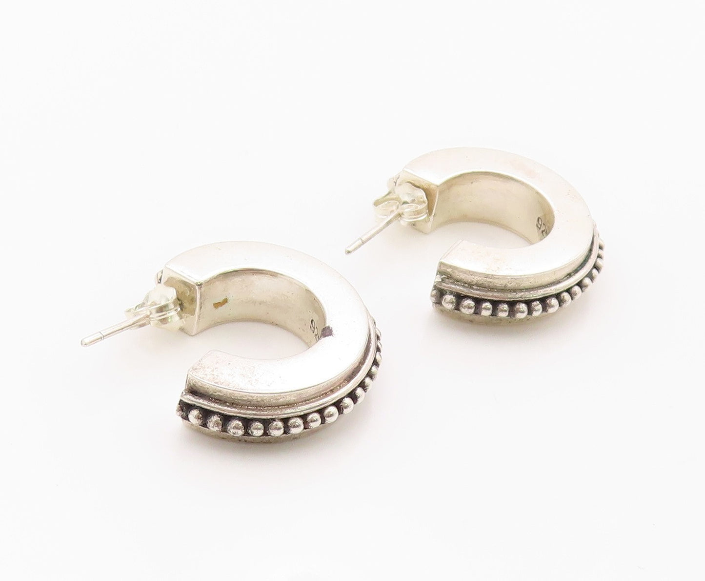 925 Sterling Silver Vintage Earrings Modernist Beaded Crescent Hoops  EG14389