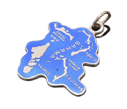 925 Sterling Silver  Vintage Blue Souvenir Bahama Cutout Map Pendant  PT22034