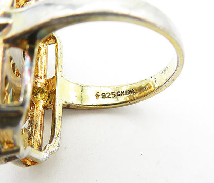 925 Silver  Vintage Blue Topaz Pretzel Swirl Square Cocktail Ring Sz 8  RG7169