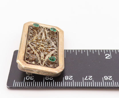 925 Sterling Silver Vintage Brooch Pin Gold Plated Emerald Scrollwork  BP12577