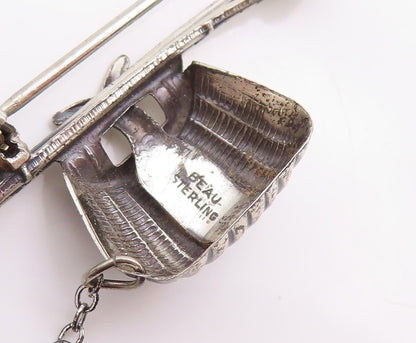 925 Sterling Silver Vintage Brooch Pin BEAU Carved Fishing Bag & Stick  BP11360