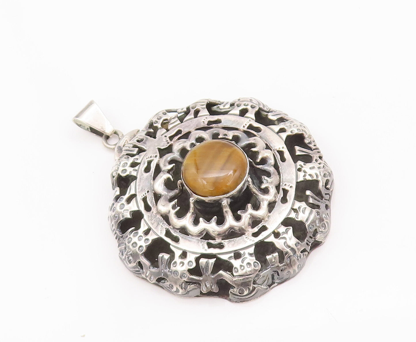 925 Sterling Silver Vintage Pendant LOS BALLESTEROS MEXICO Tiger's Eye  PT22893