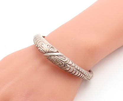 925 Sterling Silver  Vintage Floral Cutout Round Hinge Bangle Bracelet  BT1568