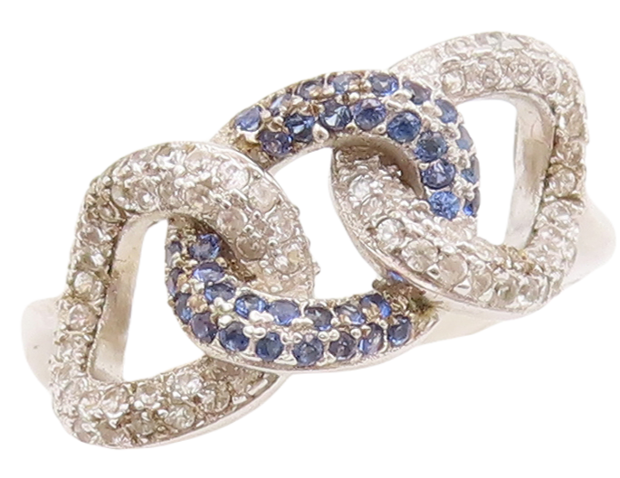 925 Sterling Silver Vintage Ring 2 Tone Sapphire Inlay Linked Rings Sz 7 RG29365