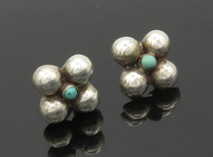 MEXICO 925 Sterling Silver Vintage Turquoise Floral Non Pierce Earrings EG9979