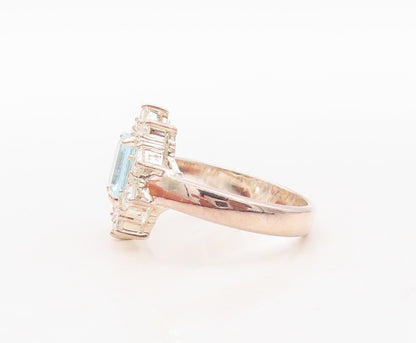 925 Sterling Silver Vintage Ring Modernist Blue Halo White Topaz  Sz 7 RG31123