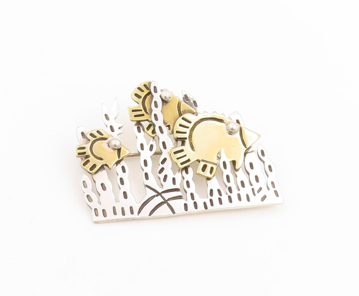 925 Sterling Silver Vintage Brooch Pin MEXICO Two Tone Underwater Fish  BP12228