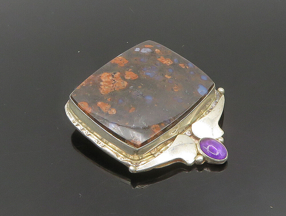 925 Sterling Silver  Vintage Jasper & Amethyst Square Brooch Pin  BP9491