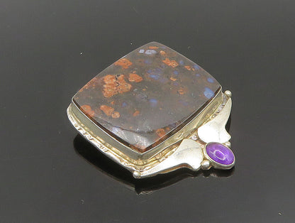 925 Sterling Silver  Vintage Jasper & Amethyst Square Brooch Pin  BP9491