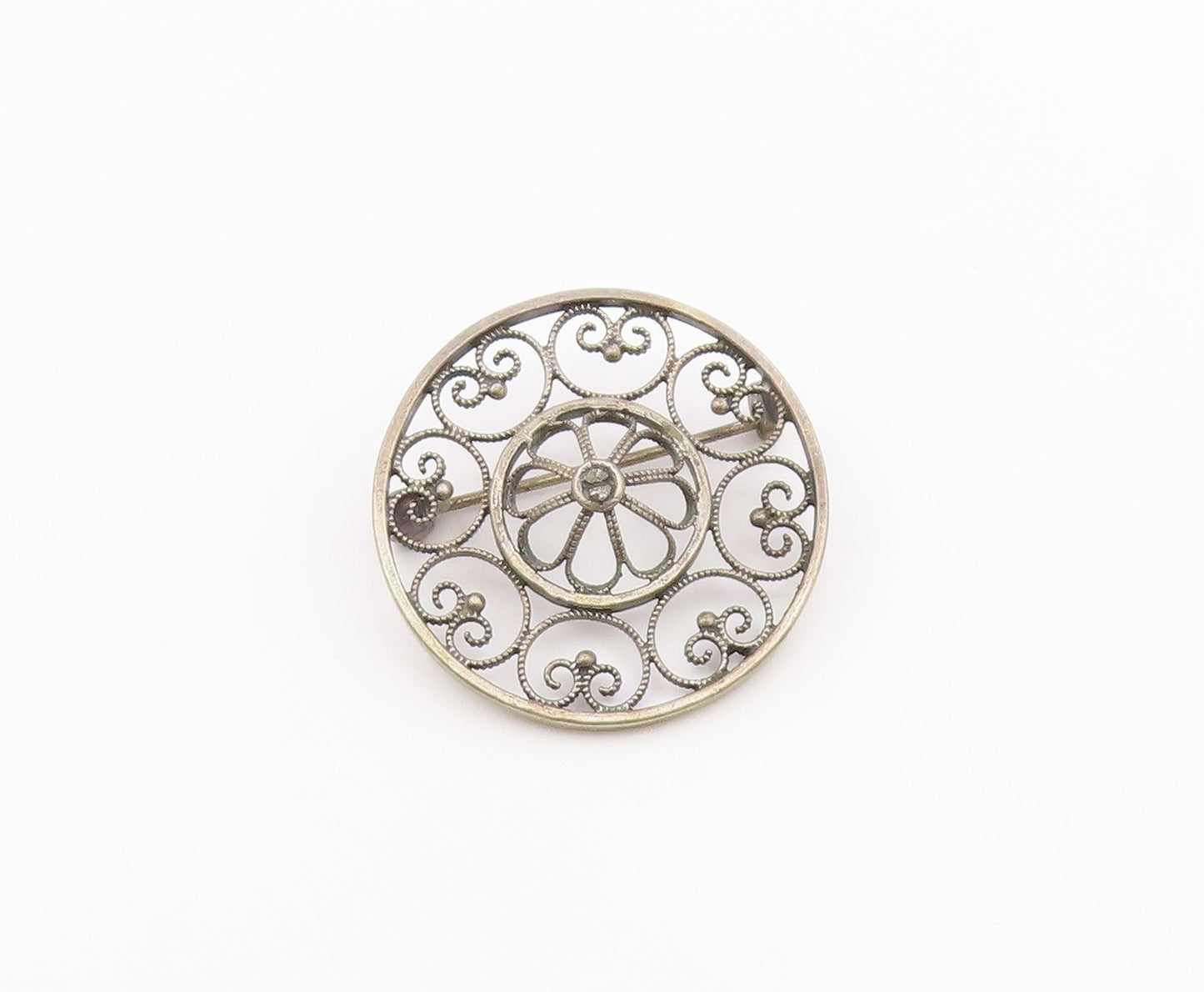 NORWAY 925 Silver  Vintage Round Pretzel Twist & Flower Dome Brooch Pin BP9601