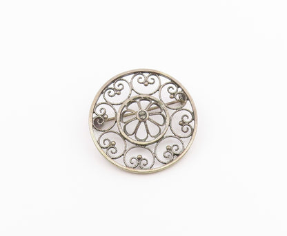 NORWAY 925 Silver  Vintage Round Pretzel Twist & Flower Dome Brooch Pin BP9601