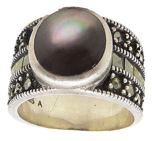 925 Sterling Silver  Vintage Abalone Shell & Marcasite Band Ring Sz 5  RG9463