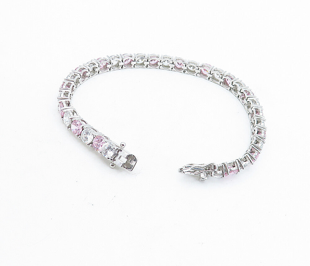 925 Sterling Silver   Pink & White Cubic Zirconia Tennis Bracelet  BT3233