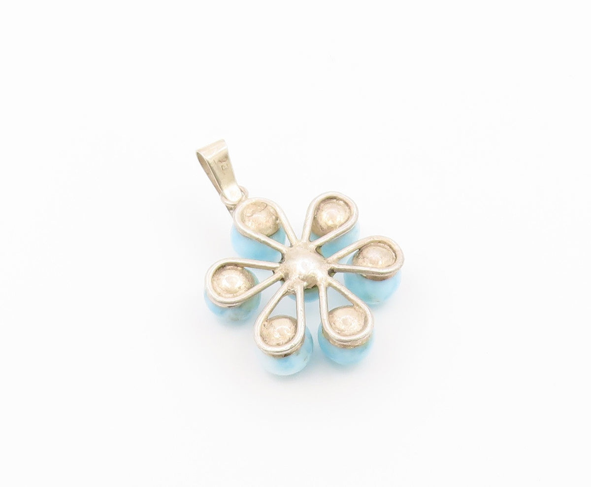 925 Sterling Silver Vintage Pendant Round Cabochon Larimar Floral Charm  PT26469