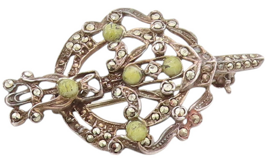 925 Sterling Silver Vintage Brooch Pin IRISH Gemstone & Marcasite Sword  BP11556