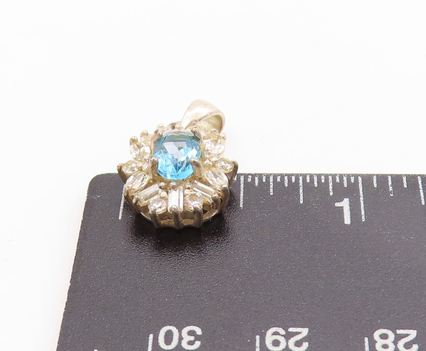 925 Sterling Silver Vintage Pendant Blue Topaz & CZ Floral Design Charm  PT25139