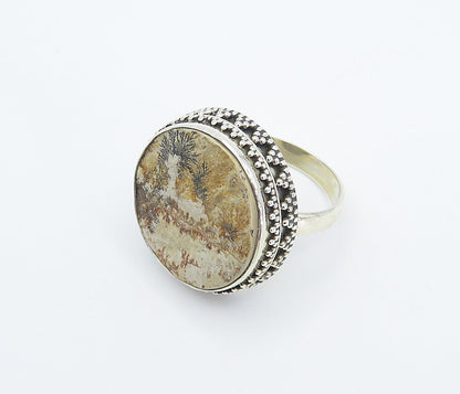 925 Sterling Silver  Brown Jasper Round Shiny Cocktail Ring Sz 10  RG8303