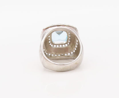 925 Sterling Silver Vintage Ring Large White Square Cut Blue Topaz  Sz 7 RG30787