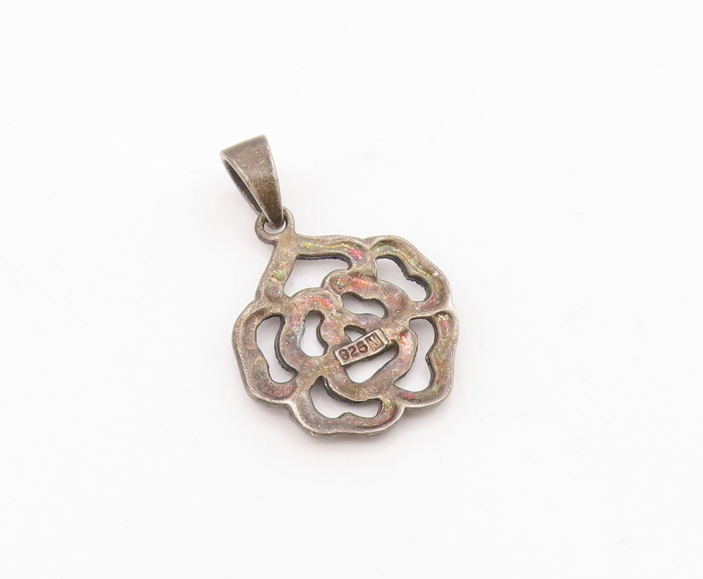 925 Sterling Silver  Vintage Oxidized Open Flower Motif Drop Pendant  PT8598