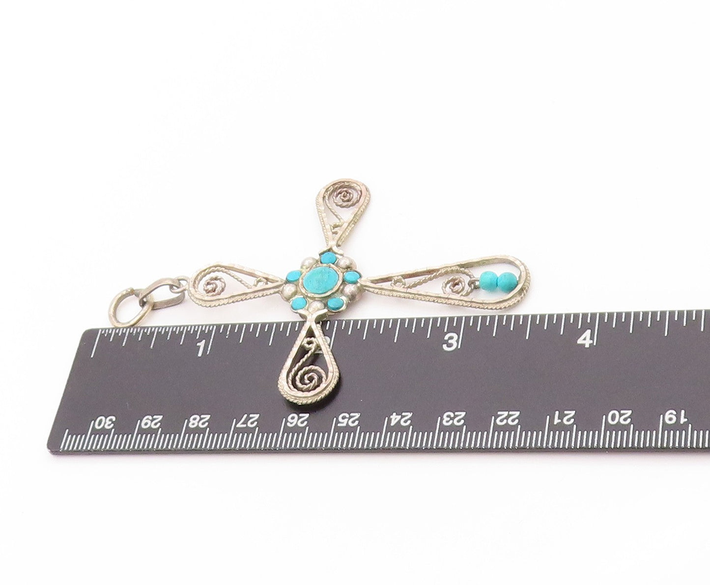 925 Sterling Silver Vintage Pendant Designer Wirework Turquoise Cross  PT24097