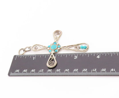 925 Sterling Silver Vintage Pendant Designer Wirework Turquoise Cross  PT24097