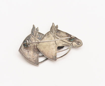 UNCAS 925 Silver  Vintage Antique Solid Carved Horse Faces Brooch Pin  BP10493