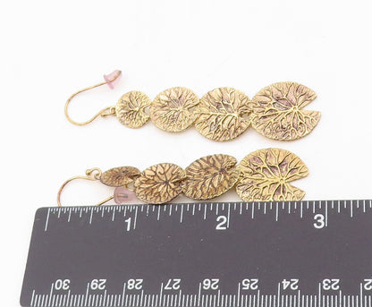 925 Sterling Silver Vintage Earrings Gold Plated Etched Lotus Leaf Drop  EG13887