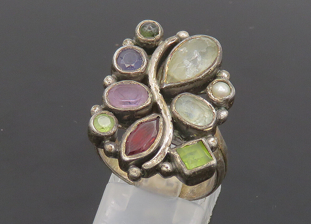 925 Silver Vintage Quartz Pearl & Multi Stone Cocktail Ring Sz 8 RG20341
