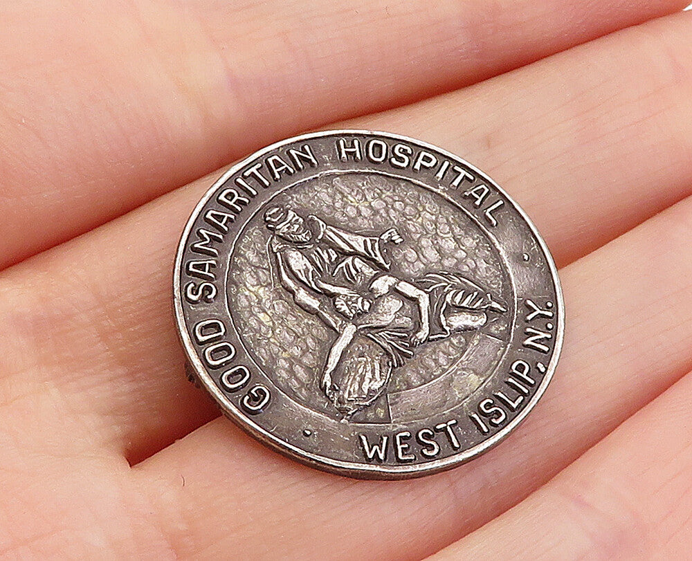 925 Sterling Silver  Vintage Oxidized Round Good Samaritan Brooch Pin  BP1510