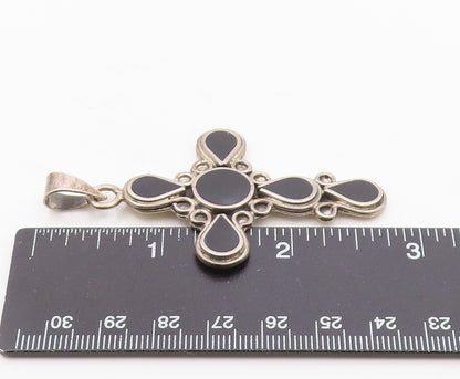 MEXICO 925 Silver  Vintage Inlaid Black Onyx Religious Cross Pendant  PT20794