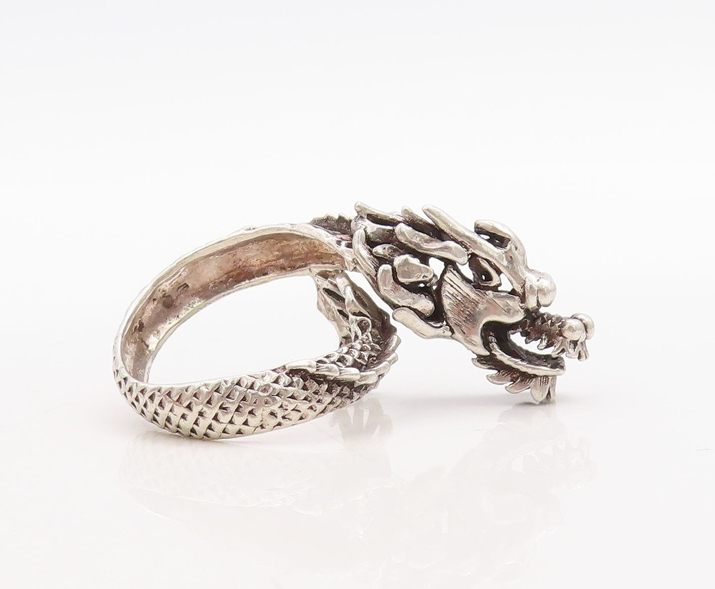 925 Sterling Silver Vintage Ring Dark Tone Carved Angry Dragon  Sz 9  RG31692