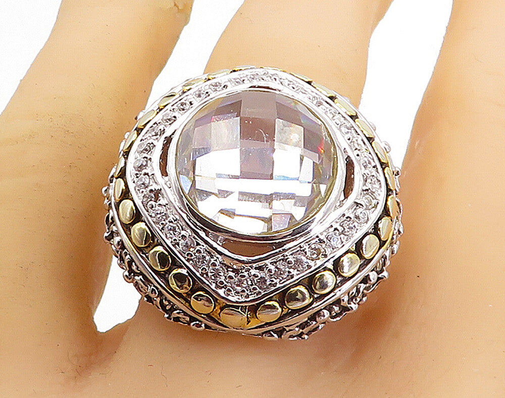925 Sterling Silver  Cubic Zirconia 2 Tone Floral Cocktail Ring Sz 9.5  RG4947