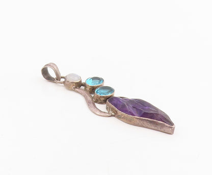 925 Sterling Silver Vintage Pendant Blue Topaz & Amethyst Leaf Drop  PT25572