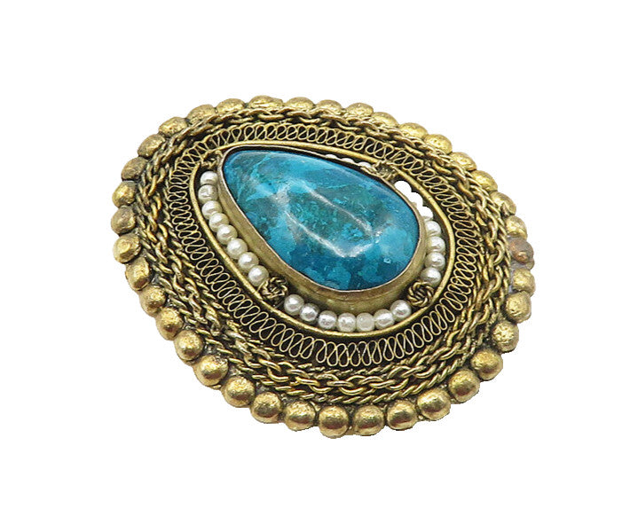 ISRAEL 925 Sterling Silver  Vintage Eilat Stone & Pearls Brooch Pin  BP6730
