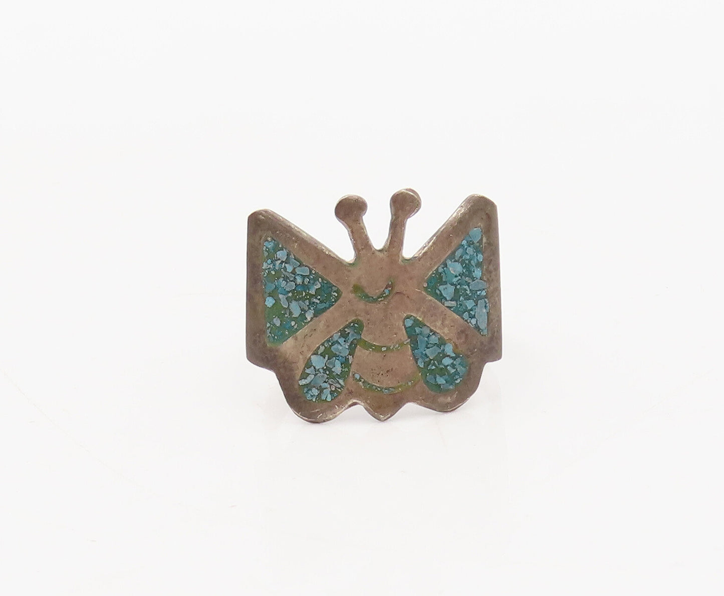 925 Sterling Silver Vintage Ring Crushed Turquoise Inlay Butterfly Sz 5  RG27649