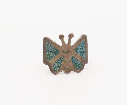925 Sterling Silver Vintage Ring Crushed Turquoise Inlay Butterfly Sz 5  RG27649