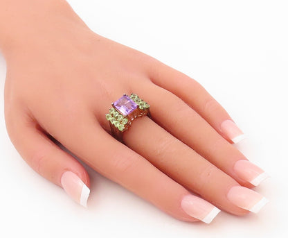 925 Sterling Silver Vintage Ring Rose Gold Plated Amethyst Peridot Sz 8  RG30639