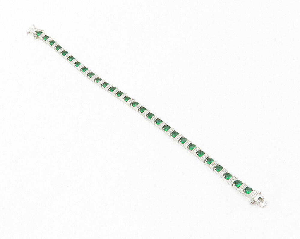 925 Sterling Silver  Round Cut Green & White Topaz Chain Bracelet  BT5414