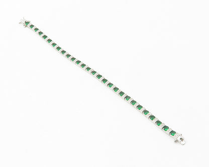 925 Sterling Silver  Round Cut Green & White Topaz Chain Bracelet  BT5414