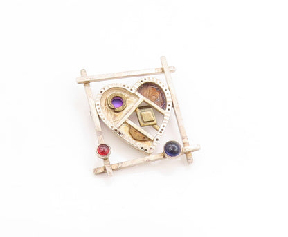 925 Sterling Silver Vintage Brooch Modernist Multi Gemstone Love Heart  BP11946