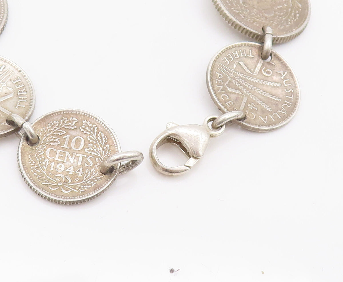 925 Sterling Silver Vintage Bracelet Solid Etched Australian Link Coins  BT10286