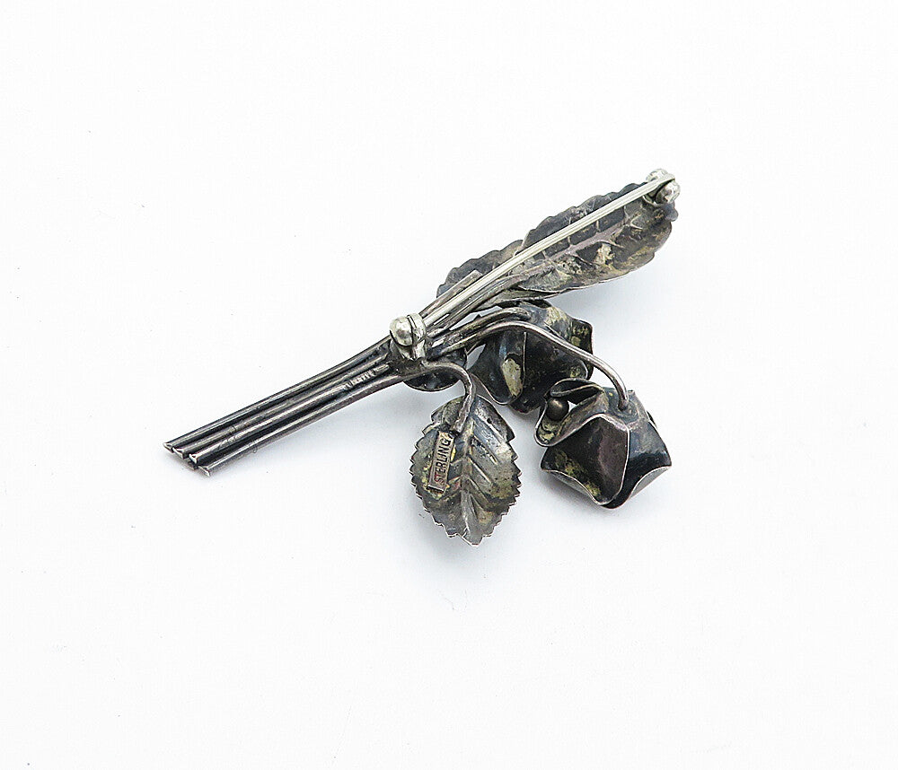 925 Sterling Silver  Vintage Oxidized Sculpted Flower Bunch Brooch Pin  BP1728