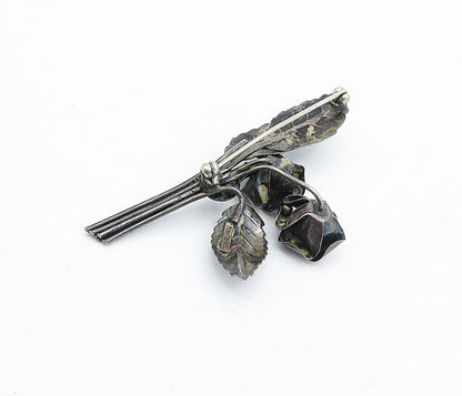 925 Sterling Silver  Vintage Oxidized Sculpted Flower Bunch Brooch Pin  BP1728