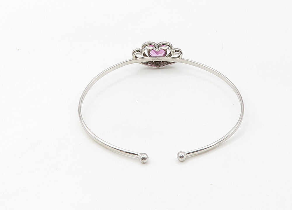 925 Silver  Vintage Genuine Diamonds & Pink Topaz Heart Cuff Bracelet  BT8541